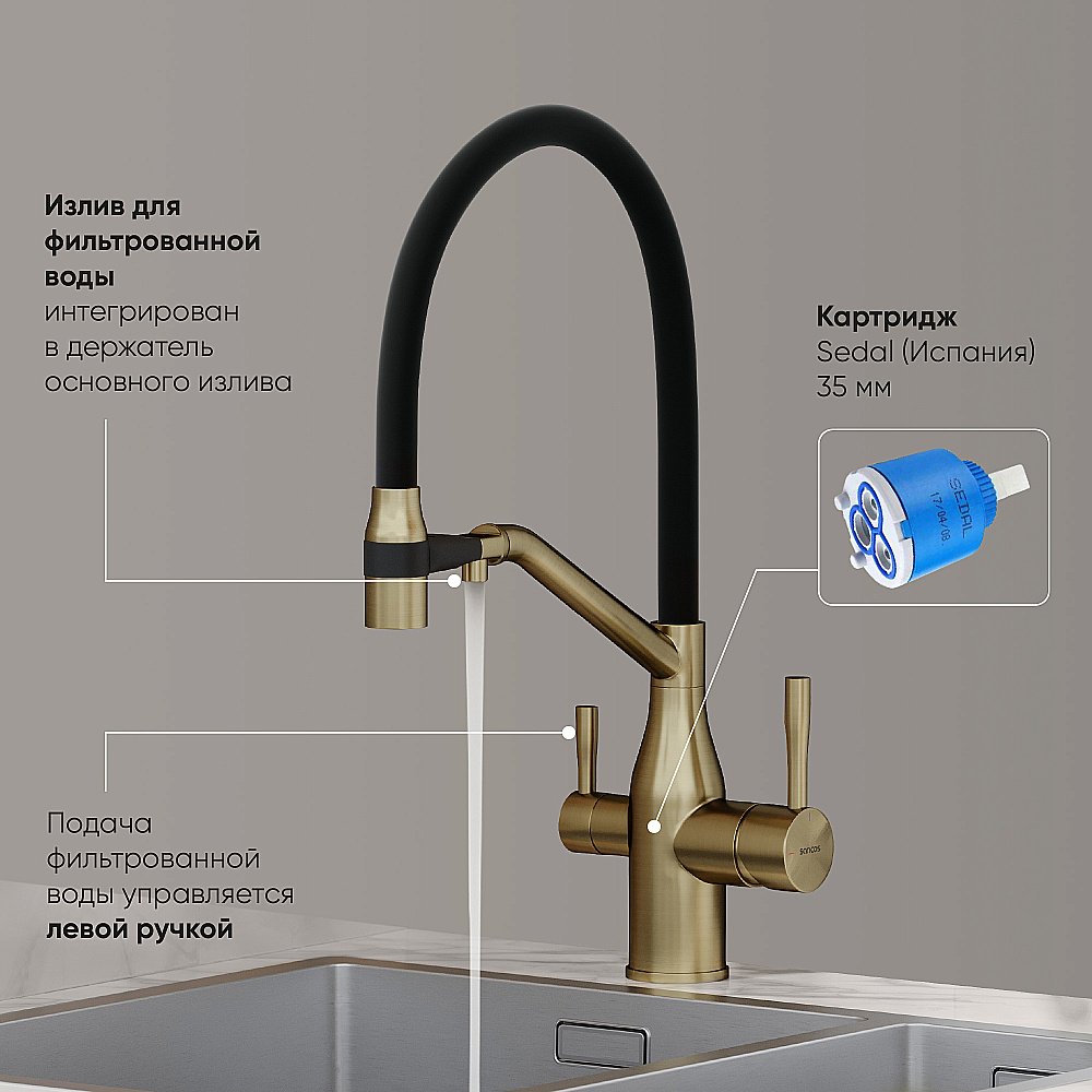 Смеситель для кухни Sancos Orta SC4008BG брашированное золото купить в интернет-магазине сантехники Sanbest