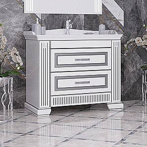 Тумба с раковиной Опадирис Оникс 100 белая глянцевая с серебряной патиной для ванной в интернет-магазине Sanbest