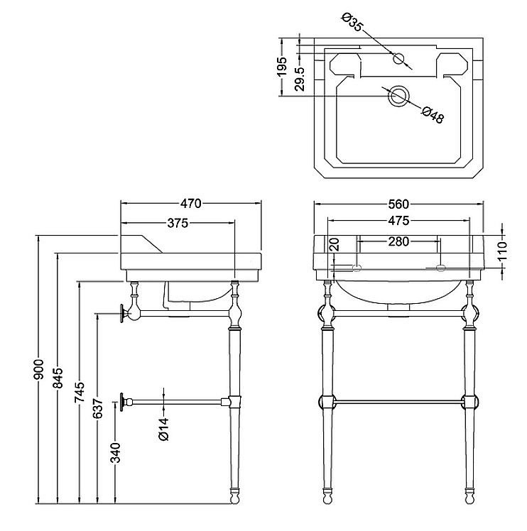 Консоль с раковиной Burlington Edwardian B5 3TH золото для ванной в интернет-магазине сантехники Sanbest