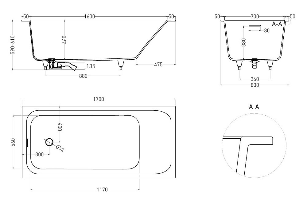 Ванна Salini Orlanda KIT S-Sense 170х80 102116GF RAL купить в интернет-магазине Sanbest