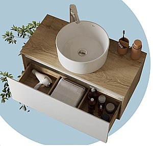 Тумба с раковиной Акватон Либерти 70 со столешницей, дуб эльвезия/белый глянец для ванной в интернет-магазине Sanbest