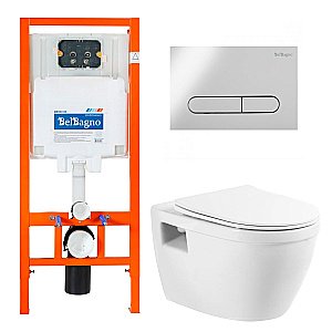 Унитаз подвесной BelBagno Loto BB070CHR/SC безободковый, с крышкой микролифт, с инсталляцией и кнопкой хром купить в интернет-магазине Sanbest