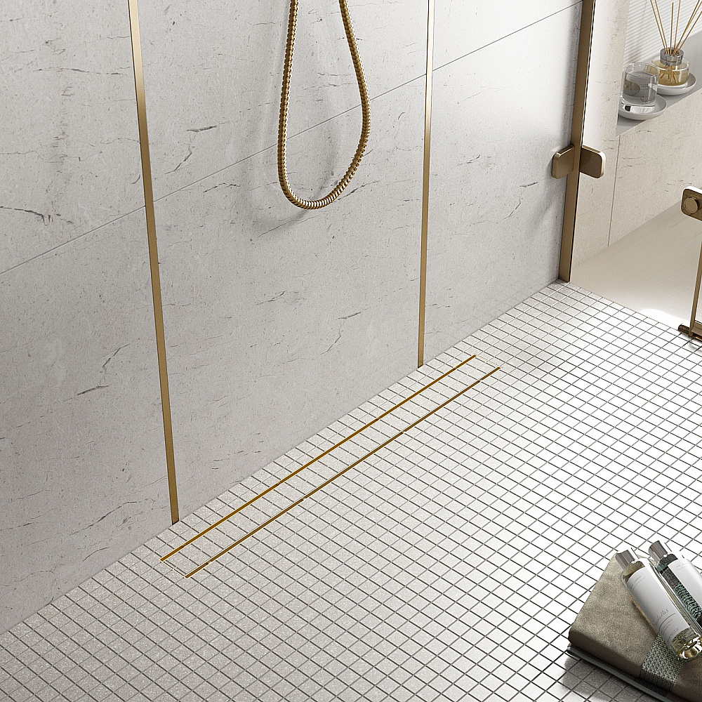 Душевой лоток TIMO Drain System 1000 с двусторонней панелью "plate" под плитку, Золото матовое купить в интернет-магазине Sanbest