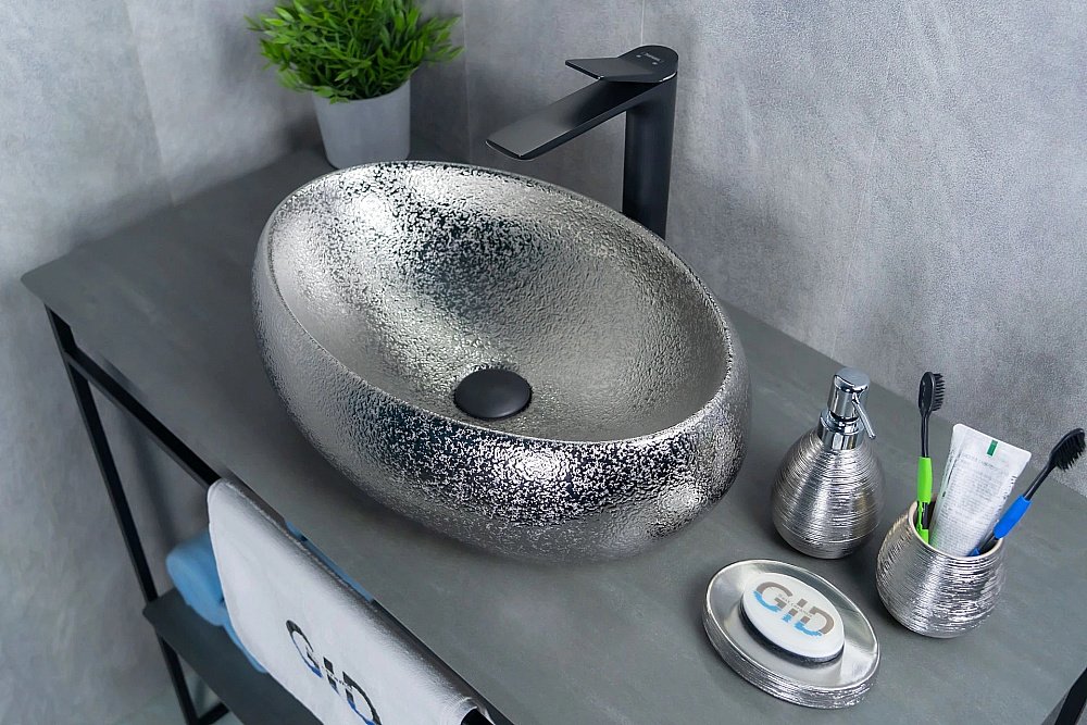 Раковина накладная Gid Lago 48 9030s 52235 серебро купить в интернет-магазине Sanbest