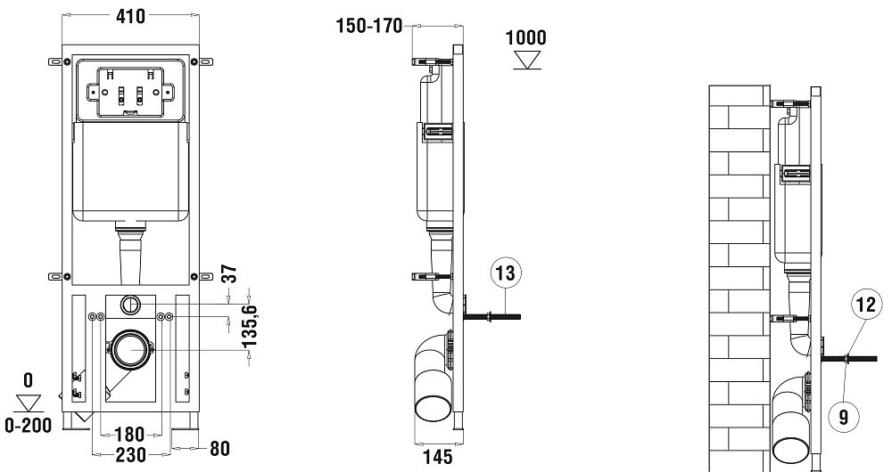 Унитаз с инсталляцией WeltWasser MARBERG 410+MERZBACH 041 XL MT-BL+MAR 410 RD черный матовый/кнопка хром матовый купить в интернет-магазине Sanbest