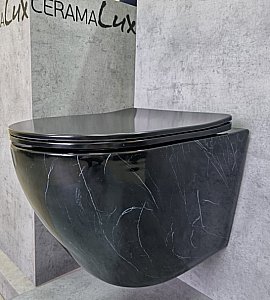 Унитаз подвесной CeramaLux 2212BM черный мрамор, безободковый, с крышкой микролифт купить в интернет-магазине Sanbest