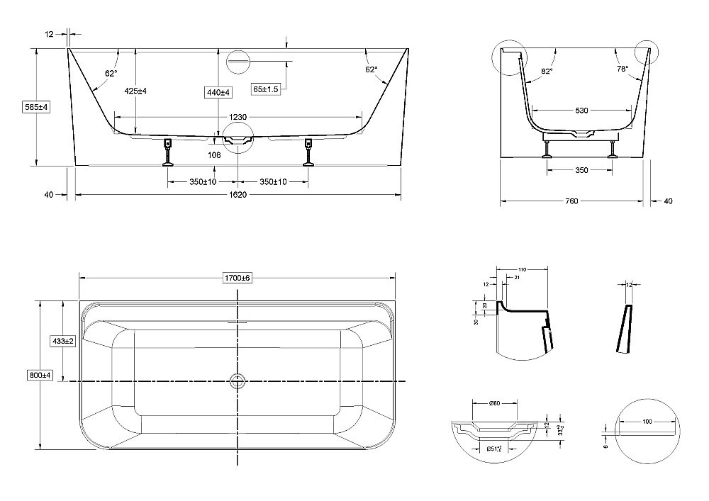 Ванна акриловая Vincea VBT-702-1700 170x80 белый купить в интернет-магазине Sanbest