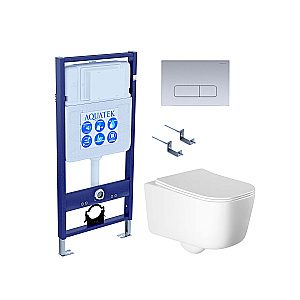Унитаз подвесной Aquatek ЛУГАНО AQ2002-00+INS-0000012+KDI-0000014+KKI-0000002 белый, безободковый, с крышкой микролифт, с инсталляцией и кнопкой хром матовый купить в интернет-магазине Sanbest
