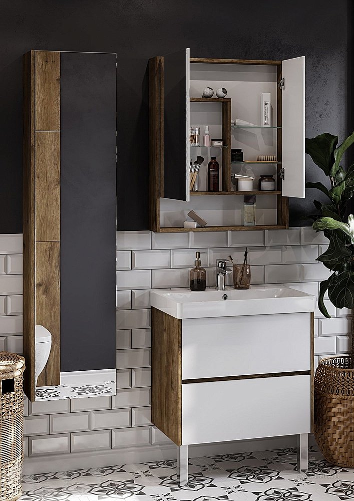 Зеркальный шкаф Акватон Сканди 70 белый/дуб рустикальный купить в интернет-магазине сантехники Sanbest