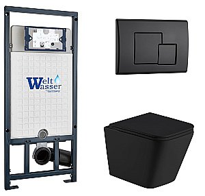 Унитаз подвесной WeltWasser MARBERG 507 + GELBACH 043 MT-BL + MAR 507 SE MT-BL черный матовый, безободковый, с крышкой микролифт, слив-торнадо, с инсталляцией и черной матовой кнопкой купить в интернет-магазине Sanbest