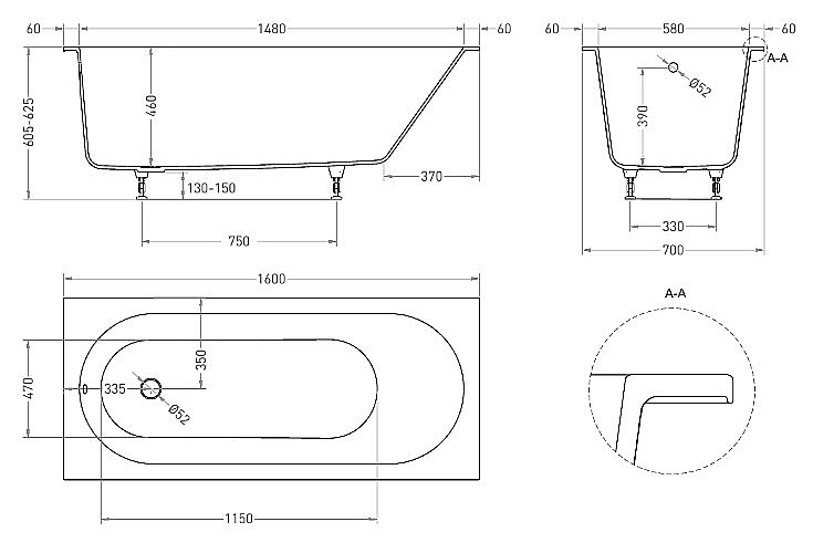 Ванна Salini ORNELLA S-sense 102316G 160x70 белая купить в интернет-магазине Sanbest