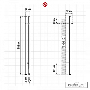 Полотенцесушитель электрический TERMINUS DUO 800 4670078578761 черный матовый купить в интернет-магазине сантехники Sanbest