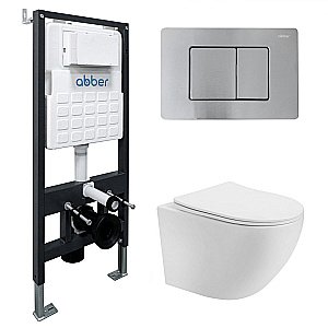Унитаз подвесной Abber Bequem AC1100T-AC0105-AC0120MCH белый, безободковый, с инсталляцией, с крышкой микролифт, слив-торнадо, с кнопкой матовый хром купить в интернет-магазине Sanbest