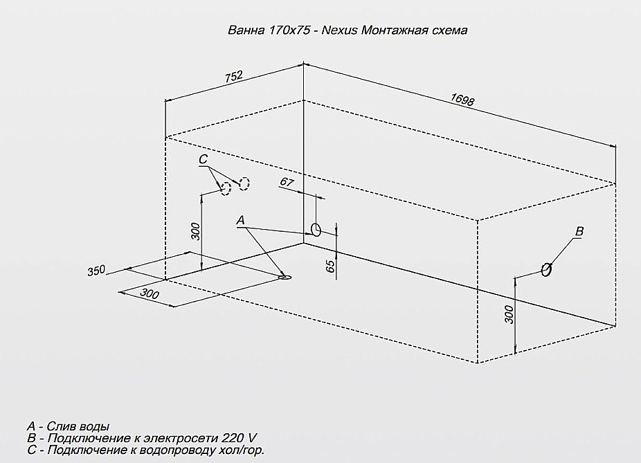 Ванна акриловая Aquanet Nexus 362568 170х75 белая купить в интернет-магазине Sanbest