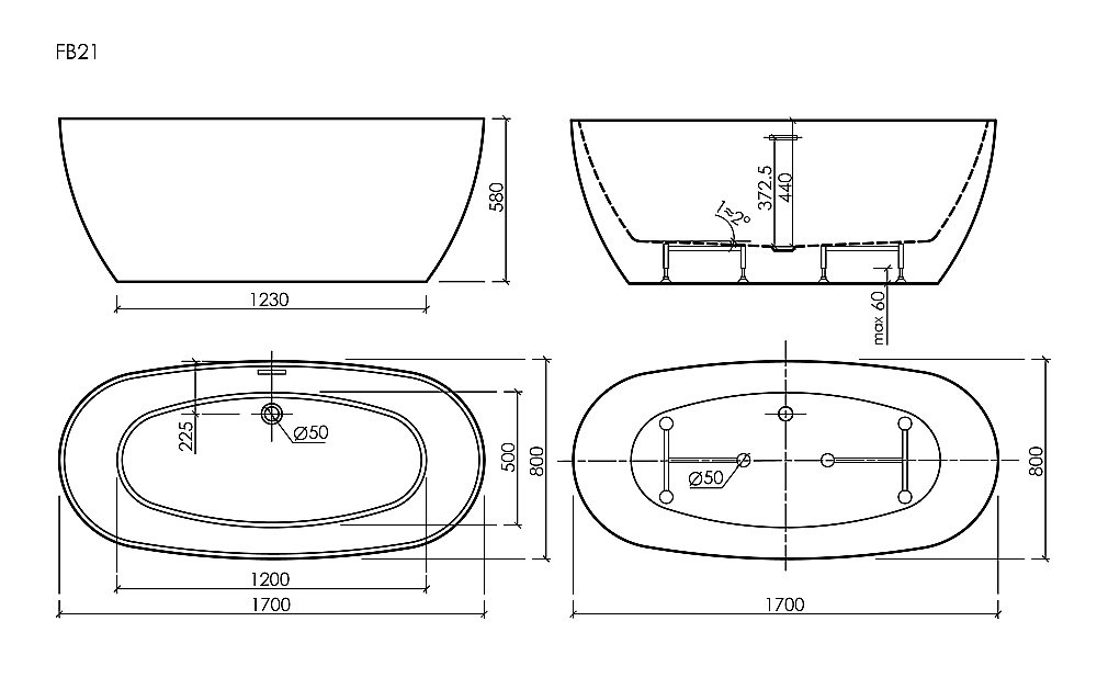 Ванна акриловая Sancos Oval FB21 170х80 белая купить в интернет-магазине Sanbest