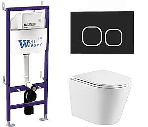 Унитаз подвесной WeltWasser BAMBERG 460+SALZBACH 043 GL-WT+BAMBERG BL белый глянцевый, безободковый, с крышкой микролифт, слив торнадо, с инсталляцией и черной кнопкой купить в интернет-магазине Sanbest