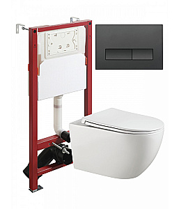 Унитаз подвесной Agger ATI12150+APB244 безободковый, с инсталляцией, смыв торнадо, с крышкой микролифт, белый глянцевый/кнопка черный матовый купить в интернет-магазине Sanbest