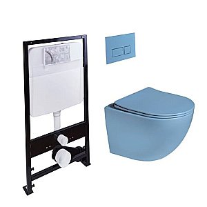 Унитаз подвесной с инсталляцией SantiLine SL-5105 + SL-01/BL голубой матовый/кнопка голубая матовая, безободковый, с крышкой микролифт купить в интернет-магазине Sanbest