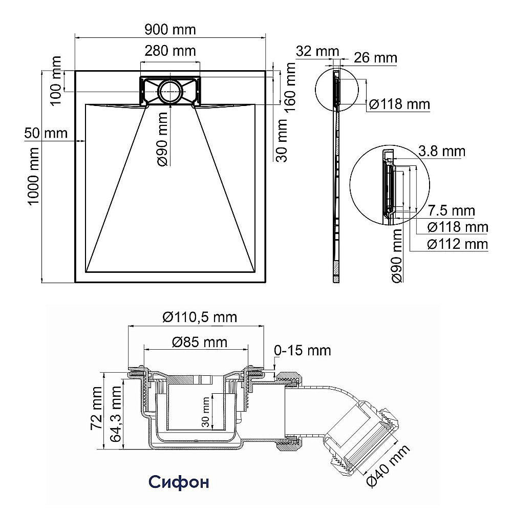 Душевой поддон WasserKraft Elbе 74T22 100х90 черный купить в интернет-магазине Sanbest