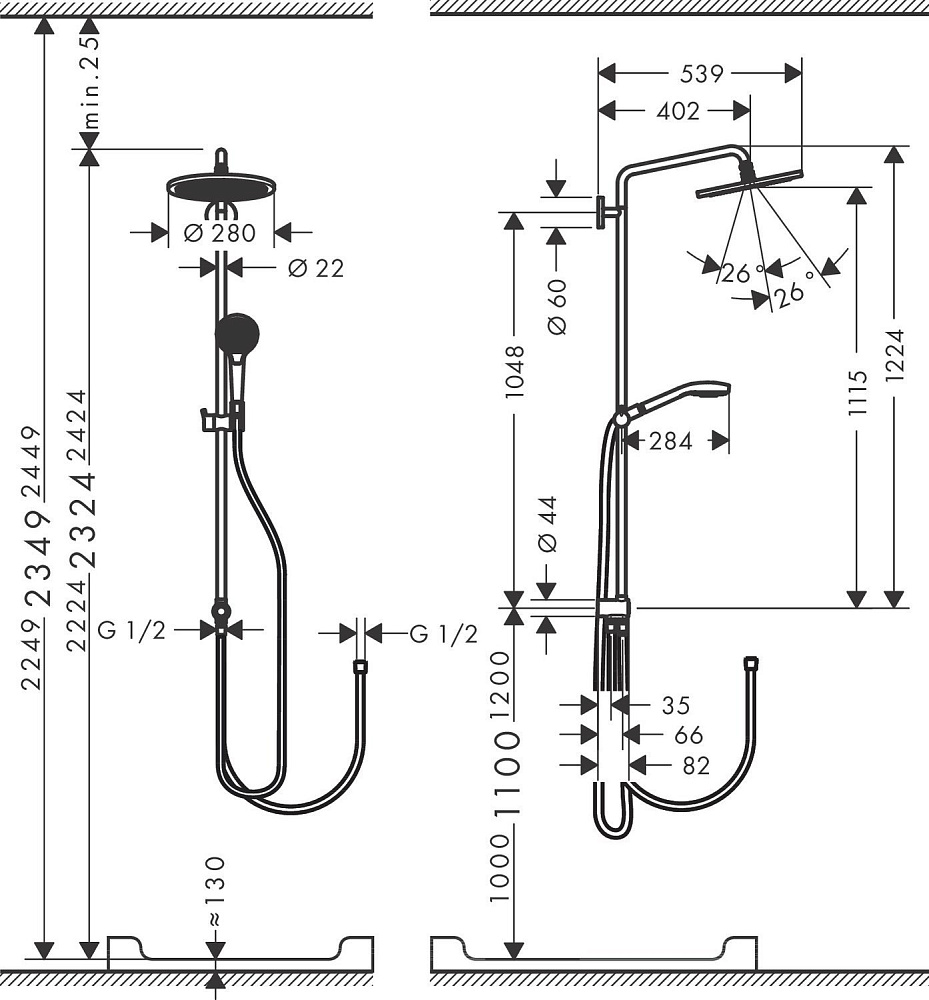 Душевая система Hansgrohe Croma Select S Showerpipe 280 1jet Reno 26793000 купить в интернет-магазине сантехники Sanbest