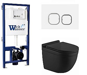 Унитаз с инсталляцией WeltWasser BAMBERG 525+HEIMBACH 043 MT-BL+BAMBERG WT черный матовый/кнопка белая, безободковый, с крышкой микролифт, слив торнадо купить в интернет-магазине Sanbest