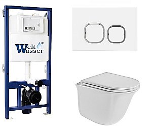 Унитаз с инсталляцией WeltWasser BAMBERG 525+TELBACH 004 GL-WT+BAMBERG WT белый/кнопка белая, безободковый, с крышкой микролифт купить в интернет-магазине Sanbest