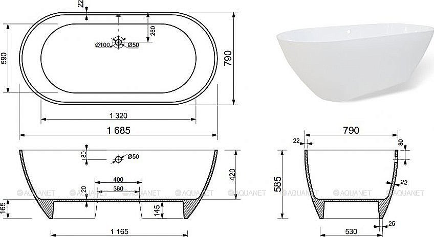 Ванна Aquanet Family Stone 168х79 AQ-00332887 белая купить в интернет-магазине Sanbest