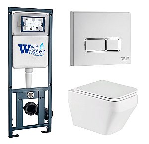 Унитаз подвесной WeltWasser MARBERG 410 + HOFBACH 041 GL-WT + MAR 410 SE GL-WT безободковый, с крышкой микролифт, слив-торнадо, с инсталляцией и белой глянцевой кнопкой купить в интернет-магазине Sanbest