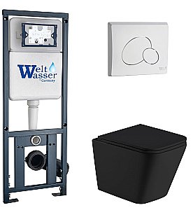 Унитаз подвесной WeltWasser MARBERG 410 + GELBACH 043 MT-BL + MAR 410 RD GL-WT черный матовый, безободковый, с крышкой микролифт, слив-торнадо, с инсталляцией и белой глянцевой кнопкой купить в интернет-магазине Sanbest