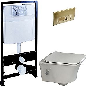 Унитаз Boheme Mirage 965-2 с инсталяцией и кнопкой 664-MG белый глянцевый/матовое золото, безободковый, с функцией биде купить в интернет-магазине Sanbest