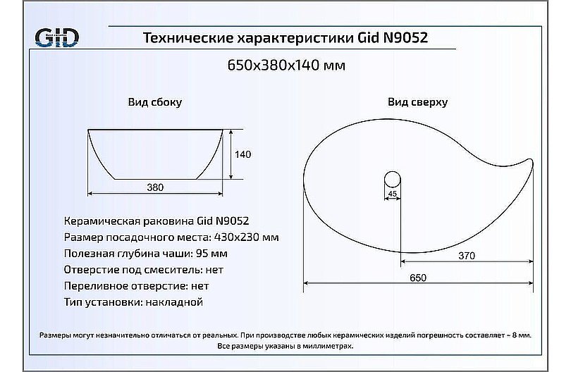 Раковина накладная Gid Creativo 65 N9052 51116 белая купить в интернет-магазине Sanbest