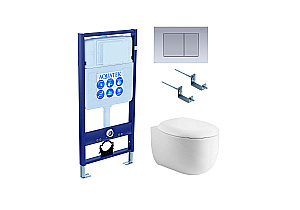 Унитаз подвесной Aquatek АЛЬТАИР AQ1980-00+INS-0000012+KDI-0000011+KKI-0000002 белый, безободковый, с крышкой микролифт, с инсталляцией и кнопкой хром матовый купить в интернет-магазине Sanbest