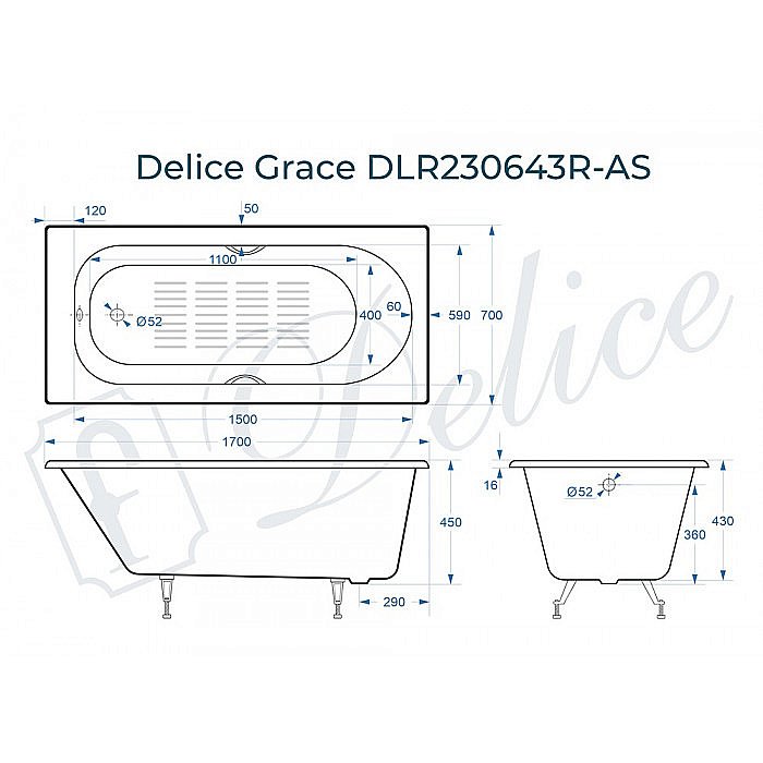 Ванна Delice Grace Elite 170х70 DLR230643R-AS 170х70 белая купить в интернет-магазине Sanbest