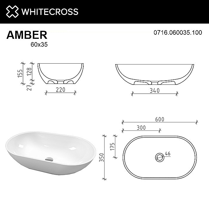 Раковина накладная WhiteCross AMBER 60 0716.060035.100 белая купить в интернет-магазине Sanbest