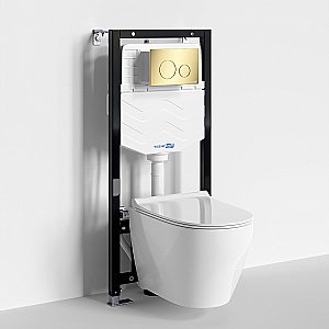 Унитаз подвесной WasserKRAFT Mindel 10TLT.010.ME.PG02.H002 безободковый, с инсталляцией Aller 10, с крышкой микролифт, белый/кнопка золото глянцевое купить в интернет-магазине Sanbest