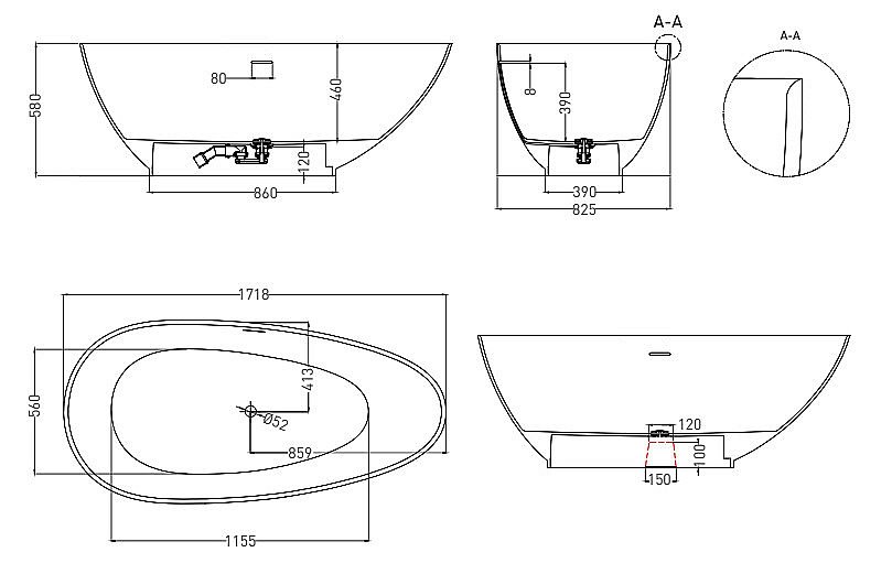 Ванна Salini Paola Nuova S-Stone 172x82 101512SM белая матовая купить в интернет-магазине Sanbest