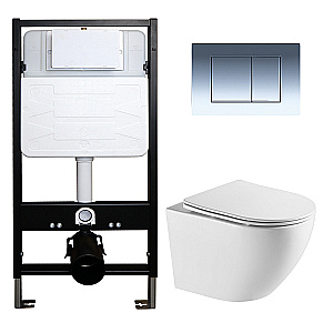 Унитаз подвесной с инсталляцией Azario Grado AZ-100-100F+AZ-0046-UQ3+AZ-100-002F белый/кнопка хром, безободковый, с крышкой микролифт, слив торнадо купить в интернет-магазине Sanbest
