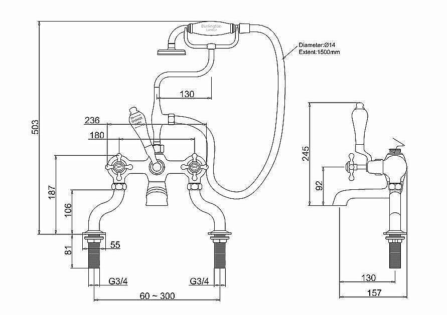 Смеситель для ванны Burlington CL15-QT BLA хром/ручки черные купить в интернет-магазине сантехники Sanbest