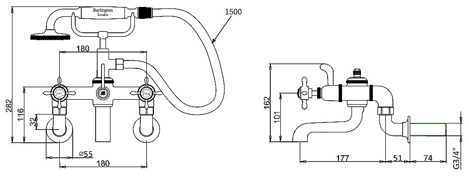 Смеситель для ванны Burlington Guild GU422DC на стену, хром купить в интернет-магазине сантехники Sanbest