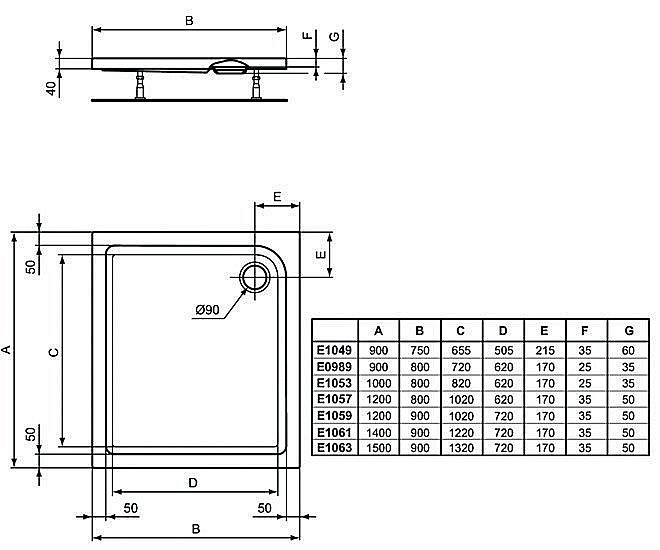 Душевой поддон Ideal Standard Connect Air E098901 90x80 купить в интернет-магазине Sanbest