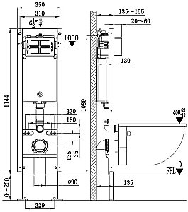 Унитаз подвесной WeltWasser AMBERG 350 + MERZBACH 041 XL MT-BL + AMBERG RD-BL черный матовый, безободковый, с крышкой микролифт, слив-торнадо, с инсталляцией и черной кнопкой купить в интернет-магазине Sanbest