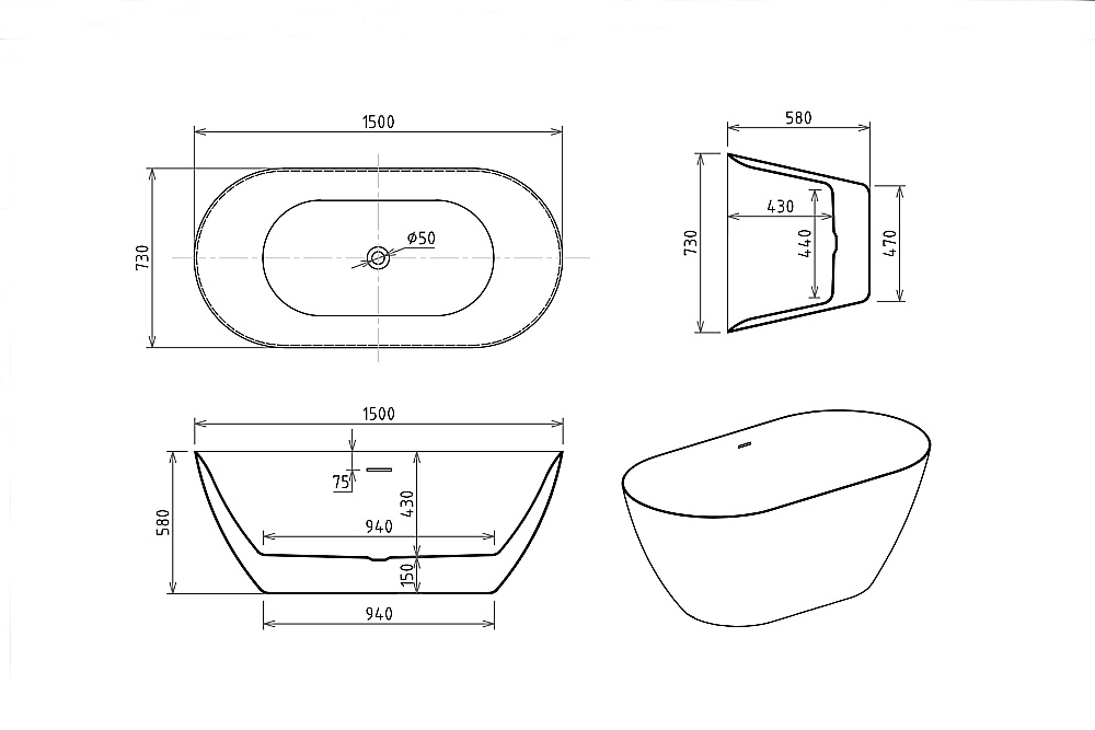 Акриловая ванна Royal Bath PAFOS RB611700CH 150х73 белый купить в интернет-магазине Sanbest