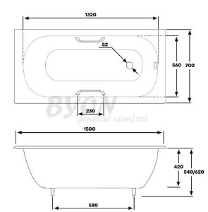 Ванна чугунная BYON B13 150x70 с ручками купить в интернет-магазине Sanbest