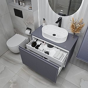 Тумба с раковиной подвесная Grossman КРИСТАЛЛ 80 с 1 ящ, графит матовая/столешница графит глянец для ванной в интернет-магазине Sanbest