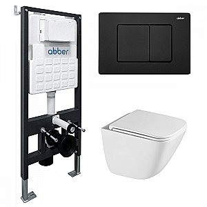 Унитаз подвесной ABBER Rechteck AC1220TC-AC0105-AC0120MB белый/кнопка черный матовый, с крышкой микролифт, с инсталляцией, безободковый, слив-торнадо купить в интернет-магазине Sanbest