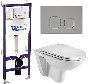 Унитаз подвесной WeltWasser BAMBERG 460+BAARBACH 004 GL-WT+BAMBERG CR белый глянцевый, безободковый, с крышкой микролифт, с инсталляцией и кнопкой хром купить в интернет-магазине Sanbest