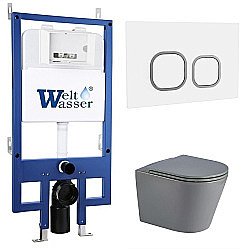 Унитаз с инсталляцией WeltWasser BAMBERG 545+SALZBACH 041 MT-GR+BAMBERG WT серый матовый/кнопка белая, безободковый, с крышкой микролифт, слив торнадо купить в интернет-магазине Sanbest