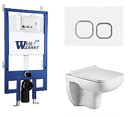 Унитаз подвесной WeltWasser BAMBERG 545+KEHLBACH 004 GL-WT+BAMBERG WT белый глянцевый, безободковый, с крышкой микролифт, с инсталляцией и белой кнопкой купить в интернет-магазине Sanbest