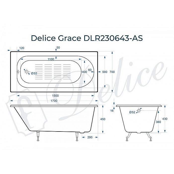 Ванна Delice Grace Elite 170х70 DLR230643-AS 170х70 белая купить в интернет-магазине Sanbest