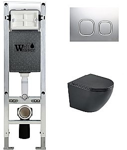 Унитаз с инсталляцией WeltWasser AMBERG 350 ST + HEIMBACH 043 MT-BL + AMBERG RD-MT CR черный матовый/кнопка матовый хром купить в интернет-магазине Sanbest